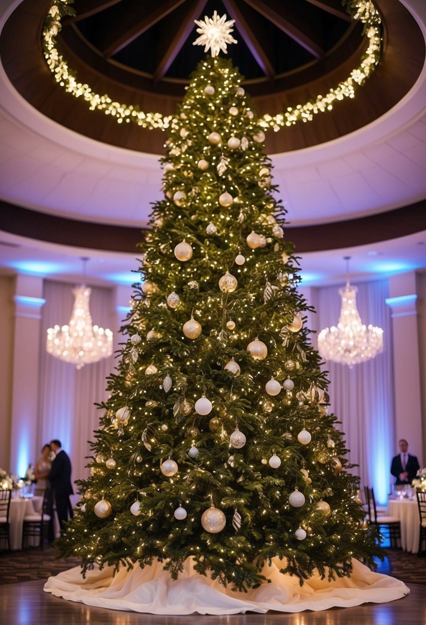 A grand Christmas tree adorned with twinkling lights and elegant ornaments stands as the centerpiece of a festive wedding venue