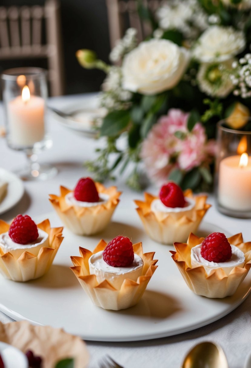 A table adorned with elegant phyllo cups filled with brie and raspberry, surrounded by delicate floral arrangements and soft candlelight