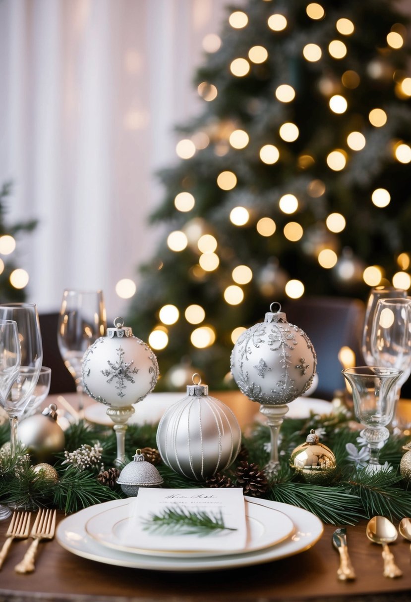 A table adorned with festive wedding favors, including ornate ornaments and delicate trinkets, set against a backdrop of twinkling lights and winter greenery