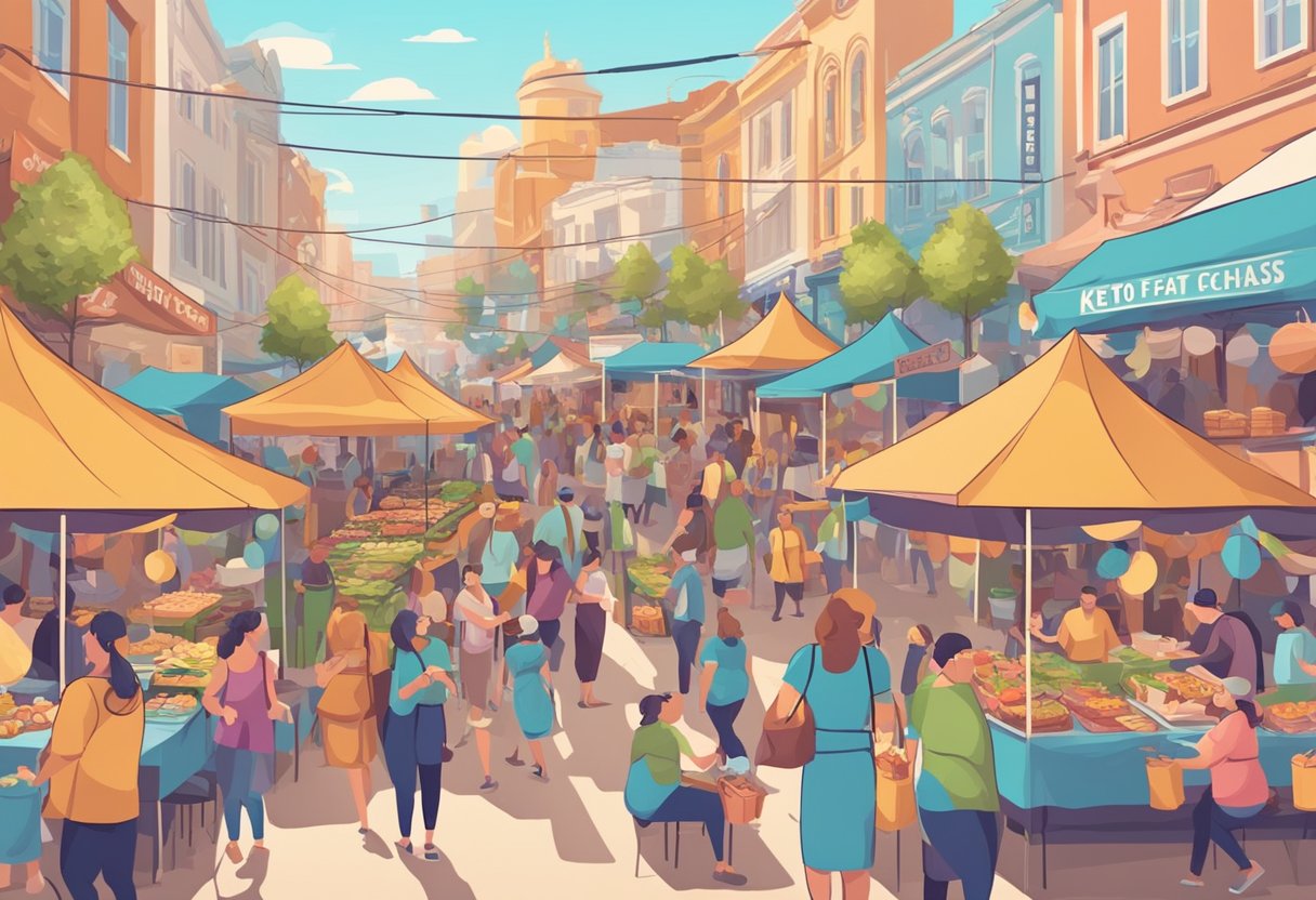 A bustling food festival with vendors offering keto-friendly options. Colorful banners and signs tout low-carb, high-fat dishes. Patrons sample and purchase various keto treats