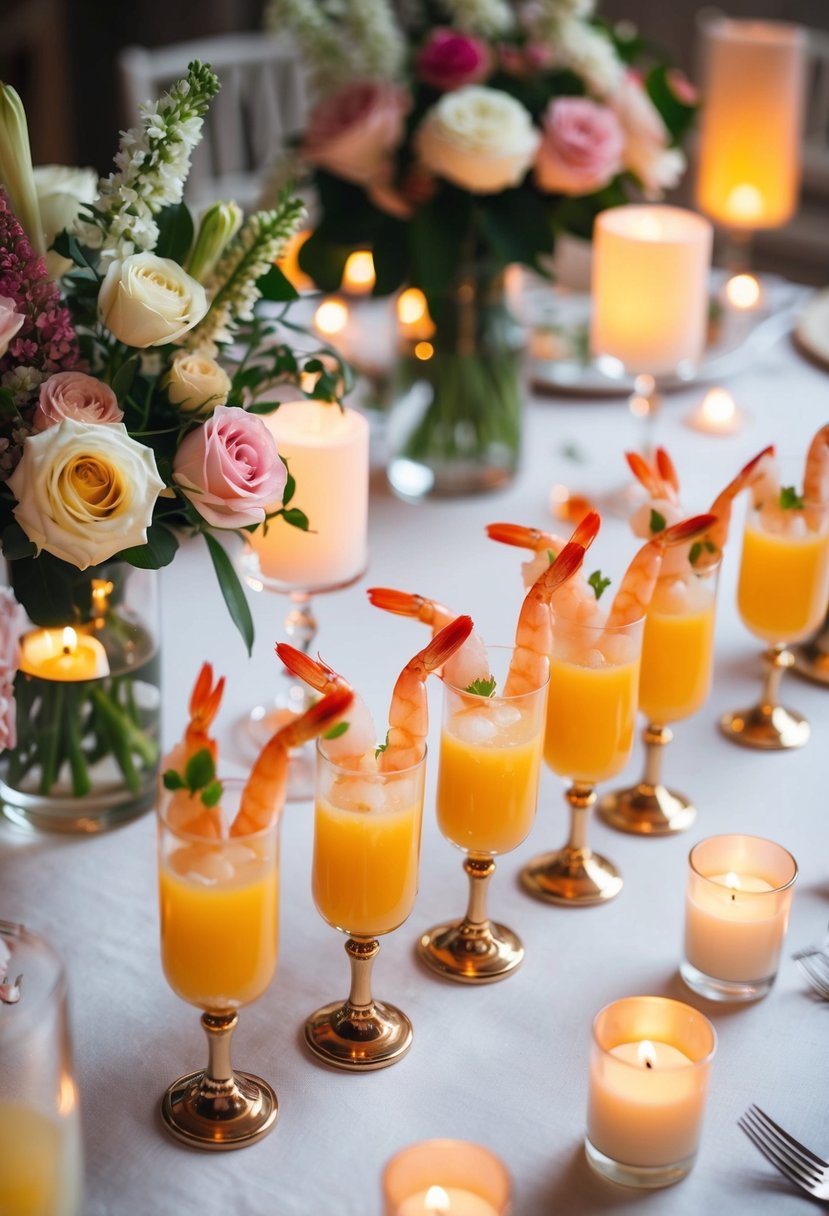 A table adorned with elegant shrimp cocktail shooters, surrounded by delicate floral arrangements and glowing candlelight