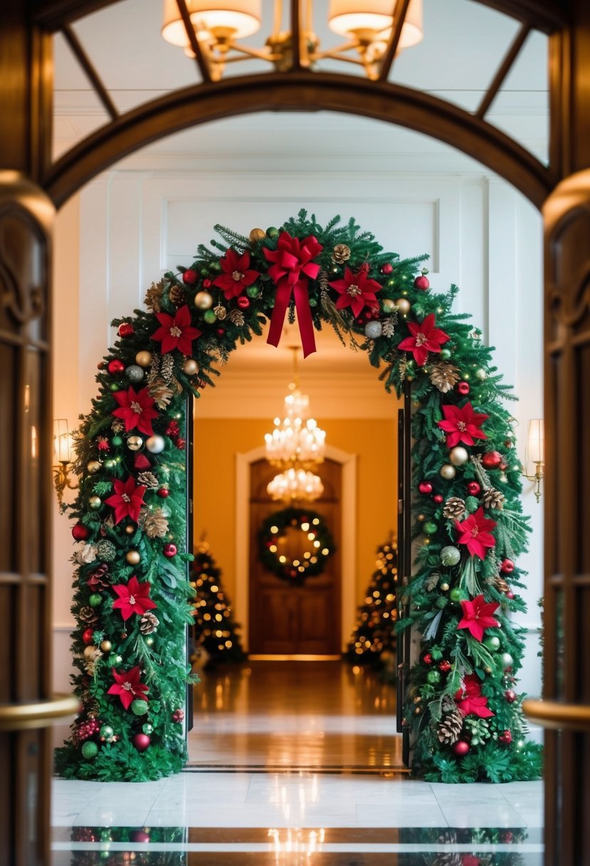 A grand entrance adorned with festive seasonal wreaths for a Christmas wedding venue