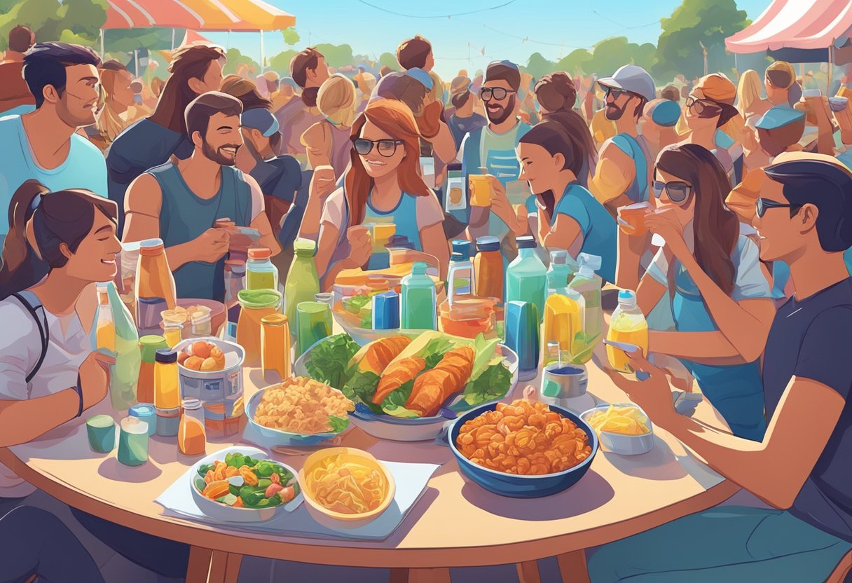 A table filled with keto-friendly food and drinks, including electrolyte supplements, surrounded by festival-goers