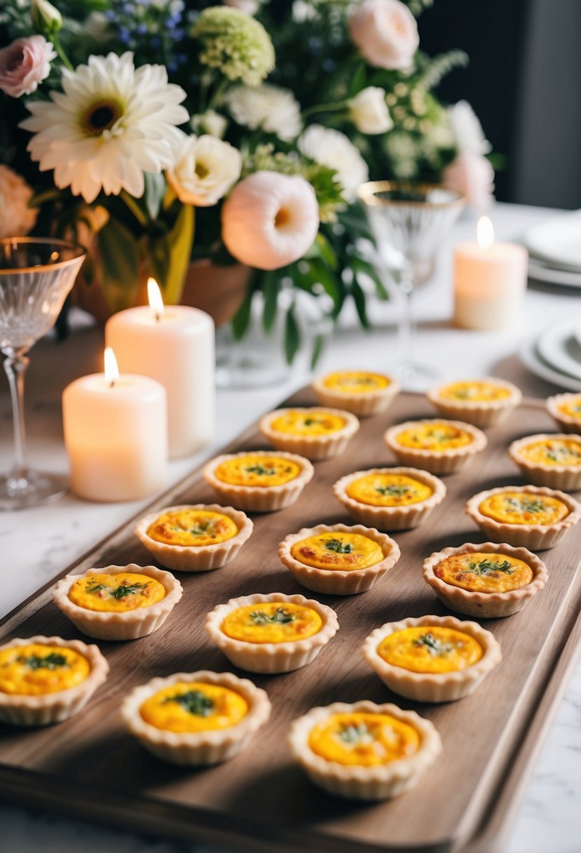 A table adorned with an assortment of mini quiches, surrounded by elegant floral arrangements and soft candlelight