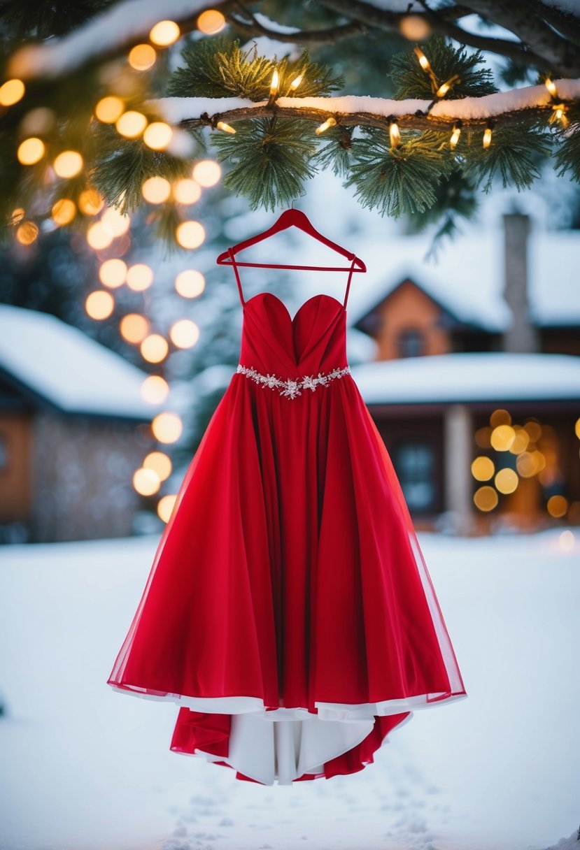 A red wedding dress hanging on a snowy tree branch with twinkling Christmas lights