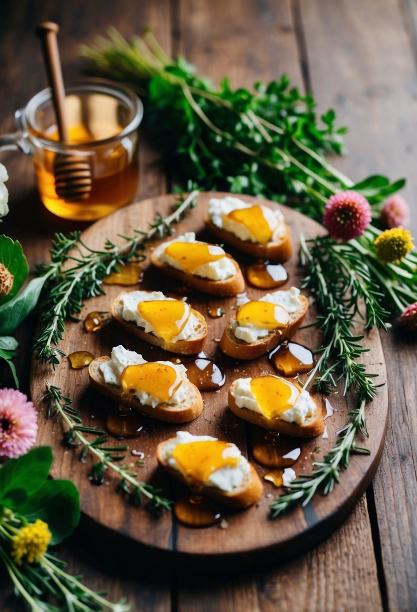 A rustic wooden table adorned with goat cheese crostini drizzled with honey, surrounded by fresh herbs and decorative floral arrangements