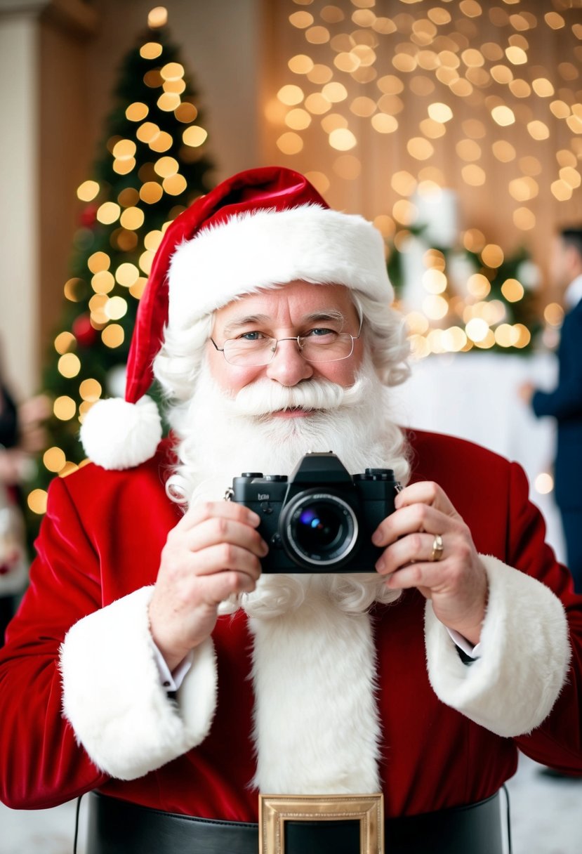 A festive Santa Claus photo op station at a Christmas wedding