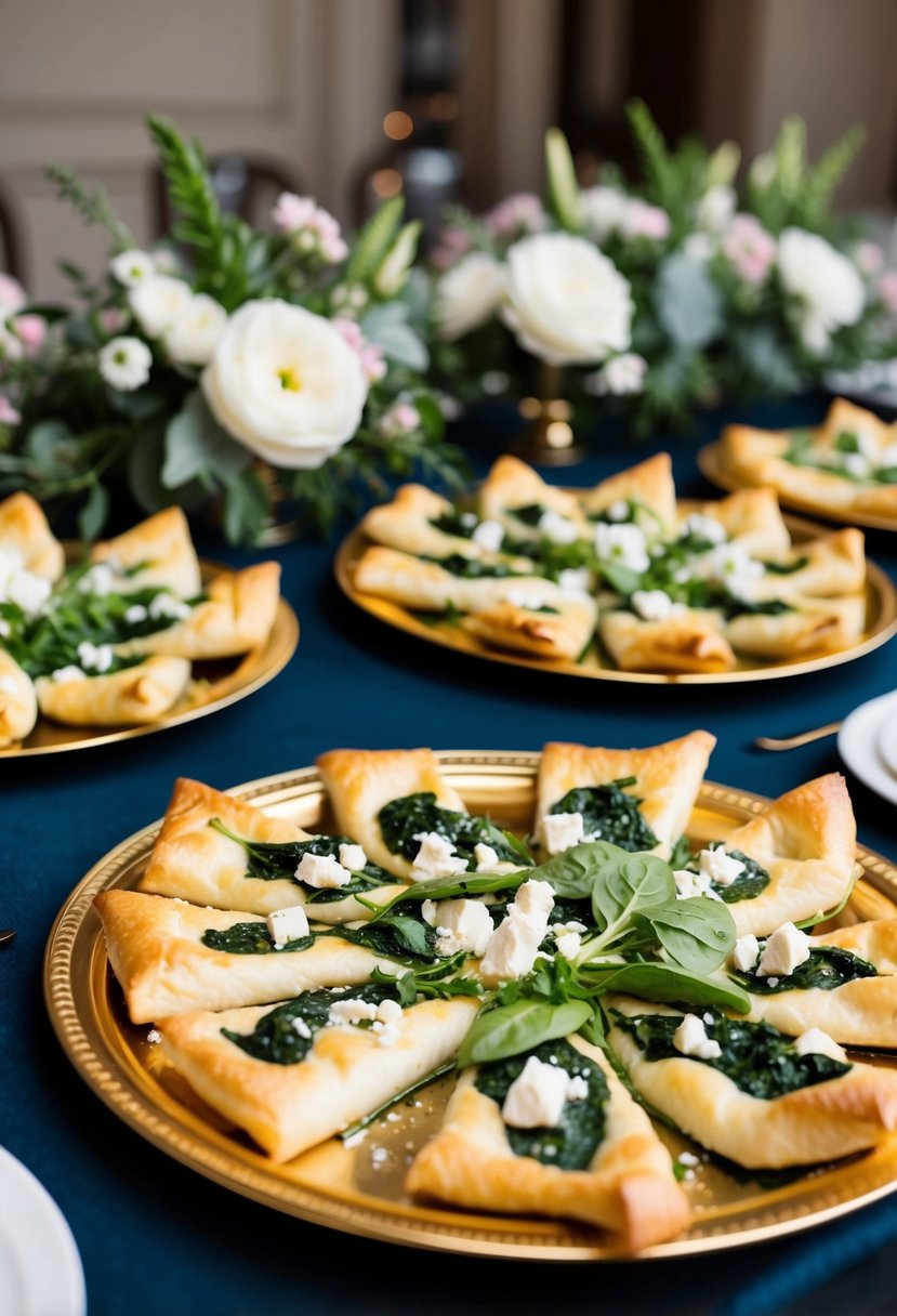 A table adorned with golden trays of flaky Spanakopita, garnished with fresh spinach and crumbled feta, surrounded by elegant floral arrangements