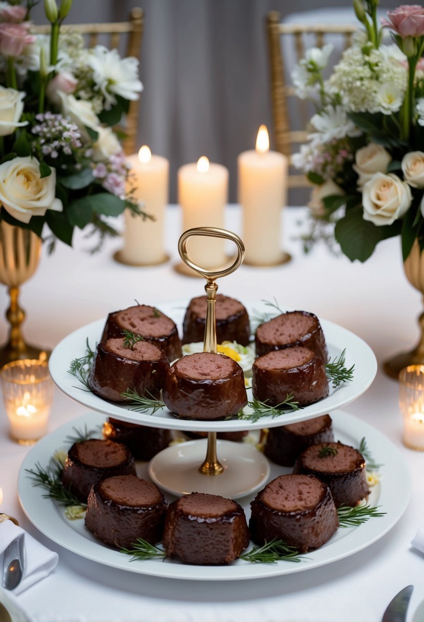 Mini Beef Wellingtons arranged on elegant platters, surrounded by floral centerpieces and candlelight, displayed on a pristine white tablecloth