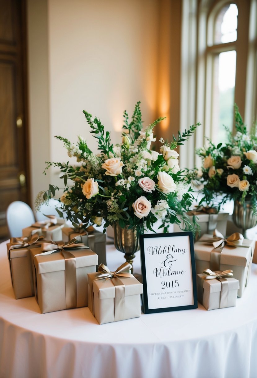 A table adorned with elegant floral arrangements, wrapped gifts, and a sign displaying the couple's names and wedding date