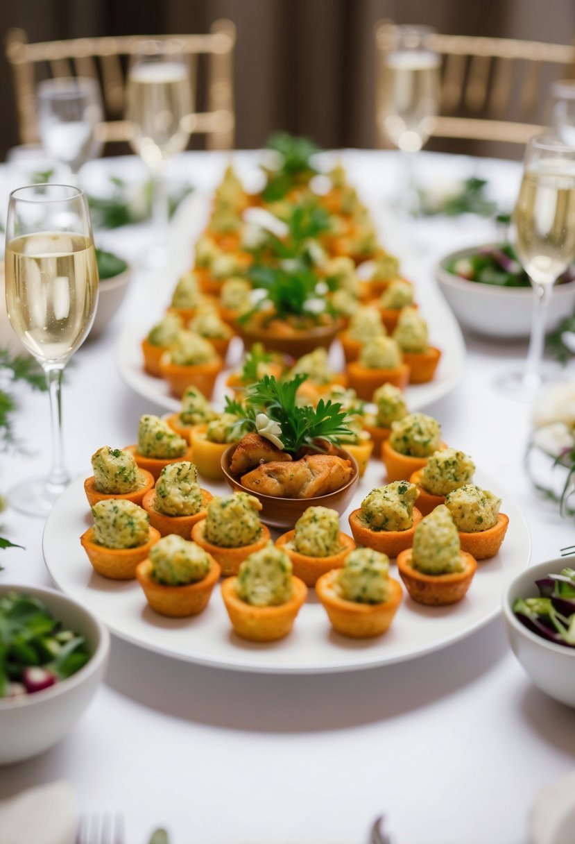 A table adorned with bite-sized pesto chicken appetizers, surrounded by elegant wedding decor