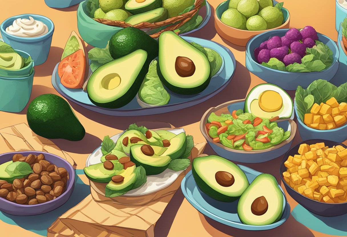 A vibrant food festival scene with a variety of keto-friendly dishes, prominently featuring avocadoes for their healthy fats