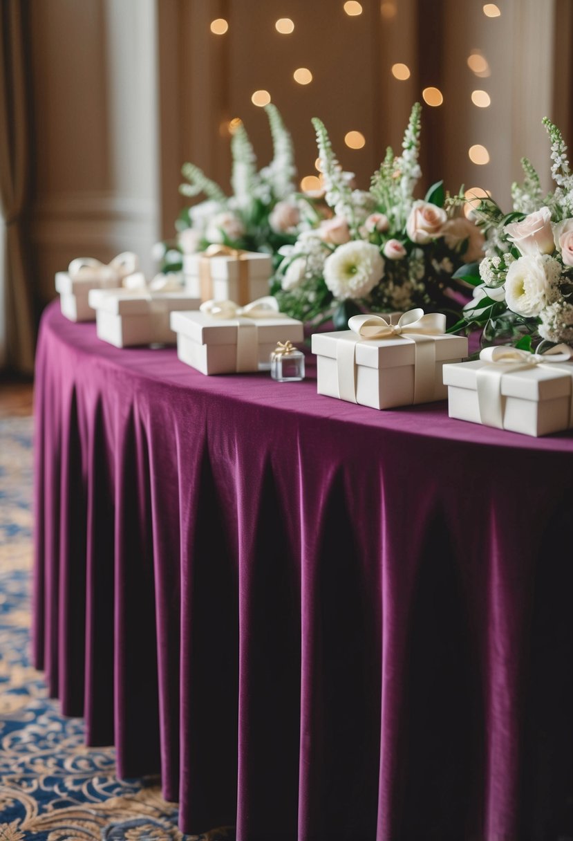 A rich, velvet tablecloth drapes over a table, adorned with elegant wedding gifts and surrounded by delicate floral arrangements