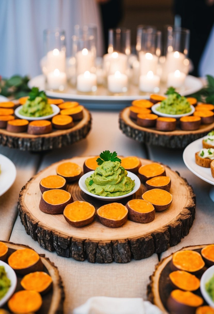 A rustic wooden table adorned with sweet potato rounds topped with guacamole, surrounded by elegant appetizer displays at a wedding reception