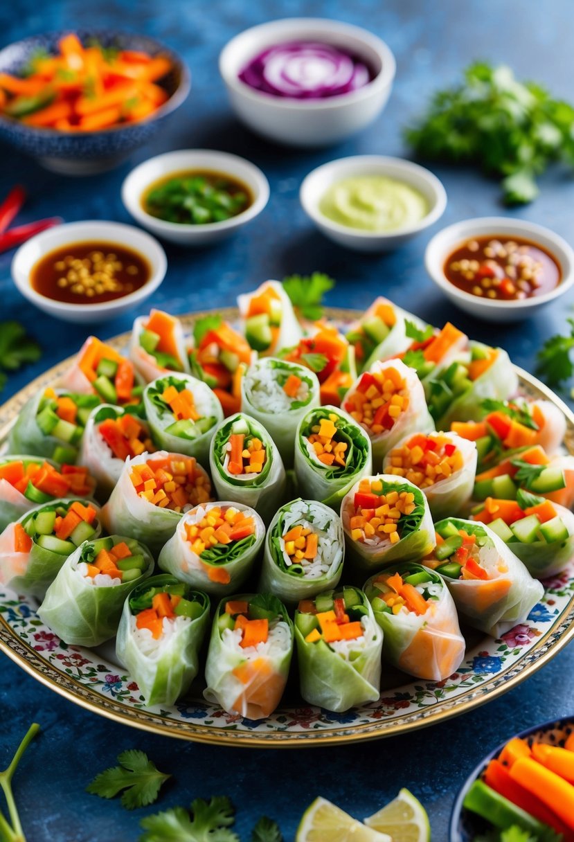 A colorful array of vegetable spring rolls arranged on a decorative platter, surrounded by vibrant garnishes and dipping sauces