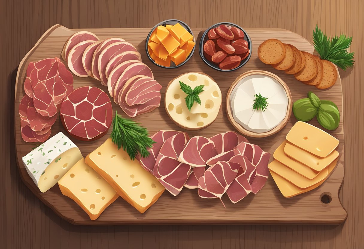 A wooden charcuterie board displays an assortment of cured meats and cheeses, arranged in an aesthetically pleasing manner