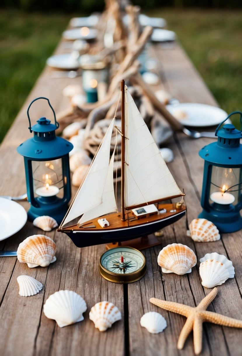 A rustic wooden table adorned with seashells, driftwood, and lanterns. A model sailboat and a vintage compass complete the nautical theme