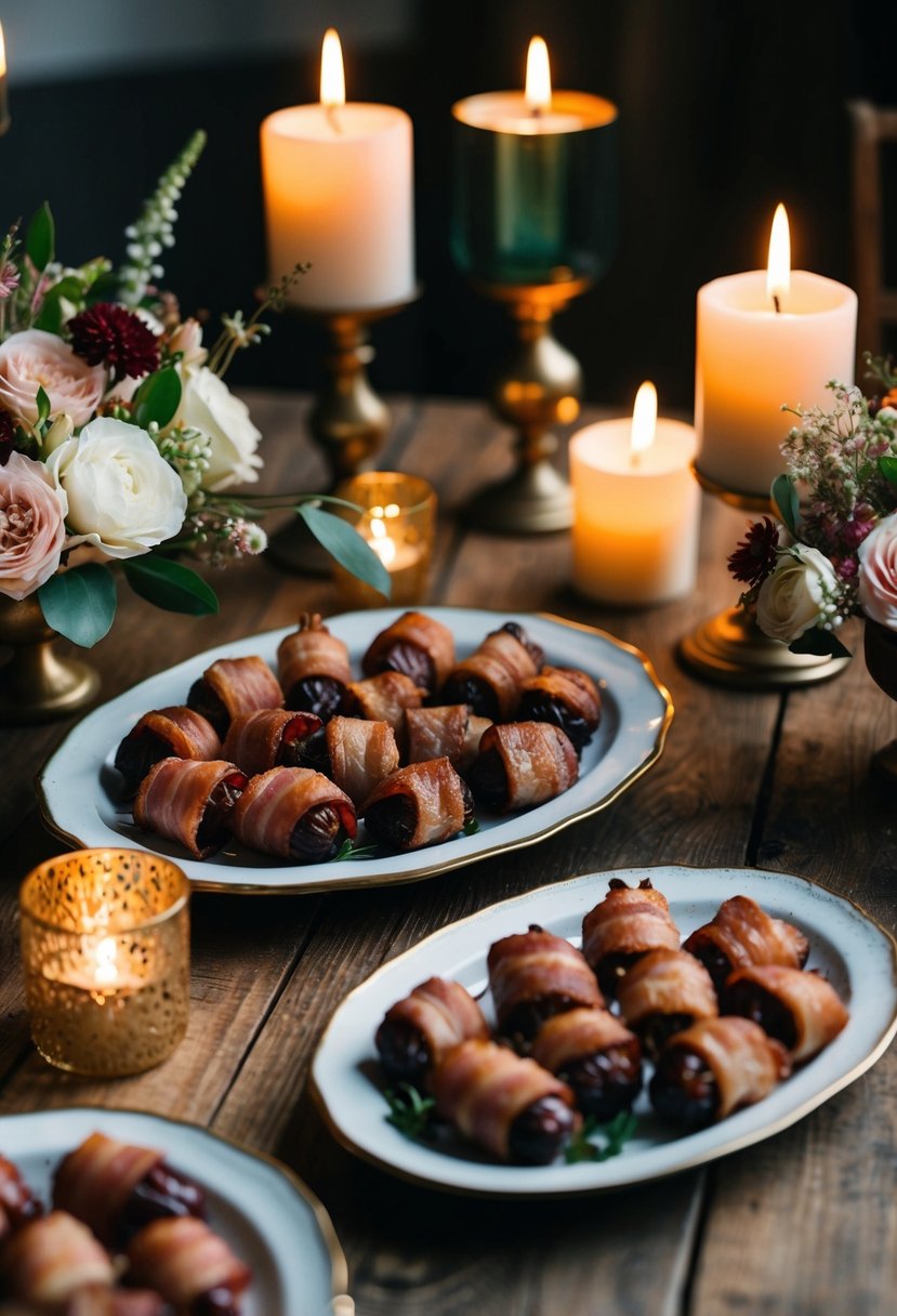 A rustic wooden table adorned with platters of bacon-wrapped dates, surrounded by elegant floral arrangements and flickering candlelight