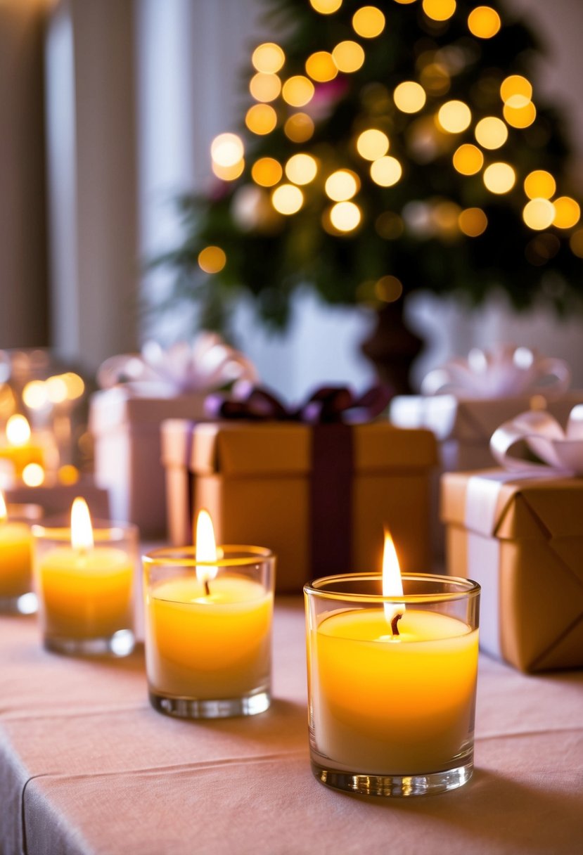 Votive candles in glass holders cast a warm glow on a wedding gift table. The flickering light creates a romantic and elegant atmosphere, highlighting the carefully wrapped presents and decorative accents