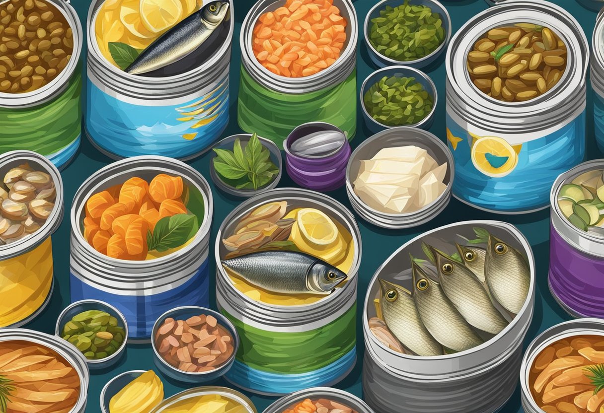 A variety of canned fish, including tuna and sardines, displayed on a table at a keto food festival