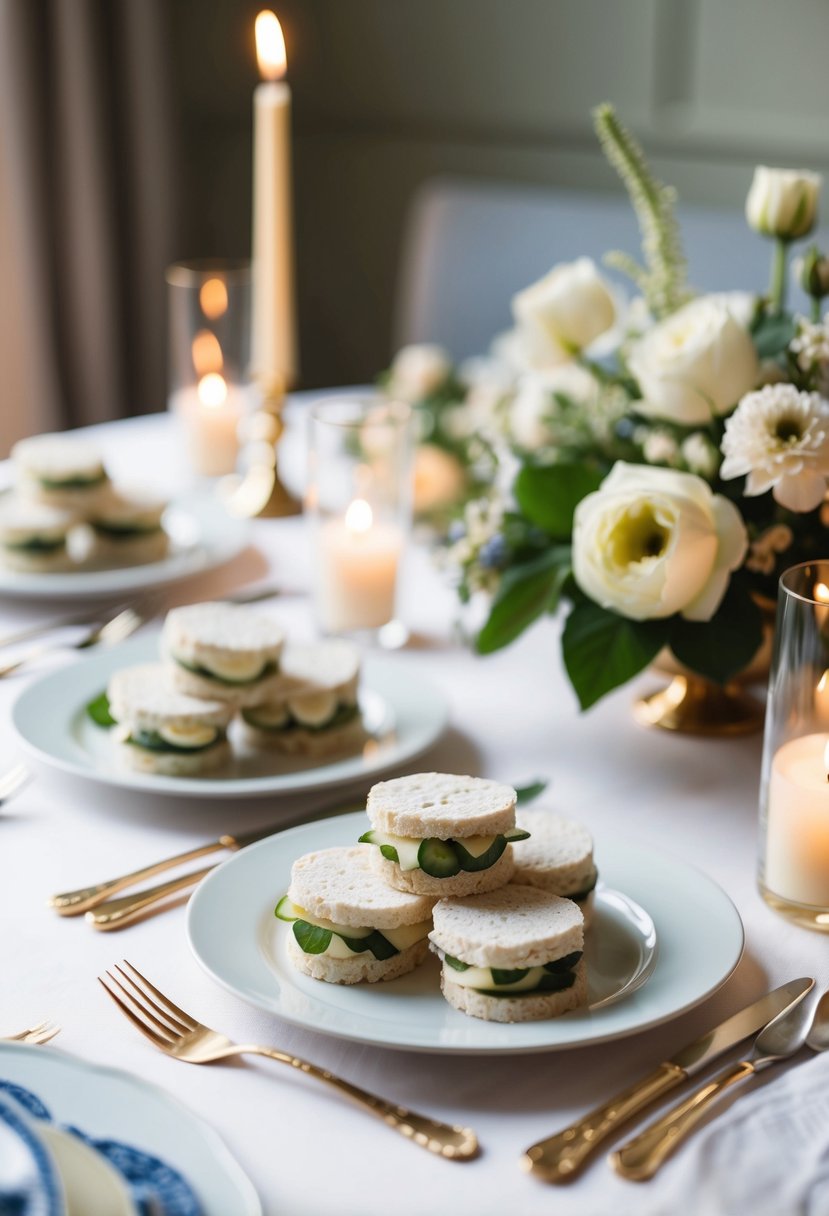 A table adorned with elegant cucumber sandwiches, surrounded by delicate floral arrangements and soft candlelight