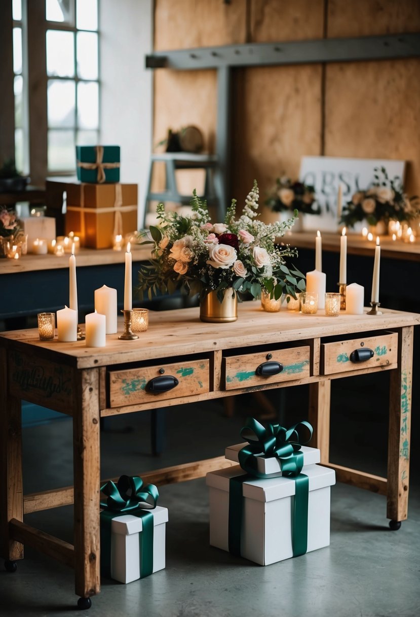 A vintage refurbished workbench adorned with flowers and candles, set up as a wedding gift table