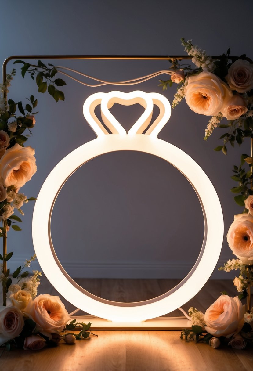 A glowing neon sign in the shape of a wedding ring, surrounded by delicate floral accents and soft, romantic lighting