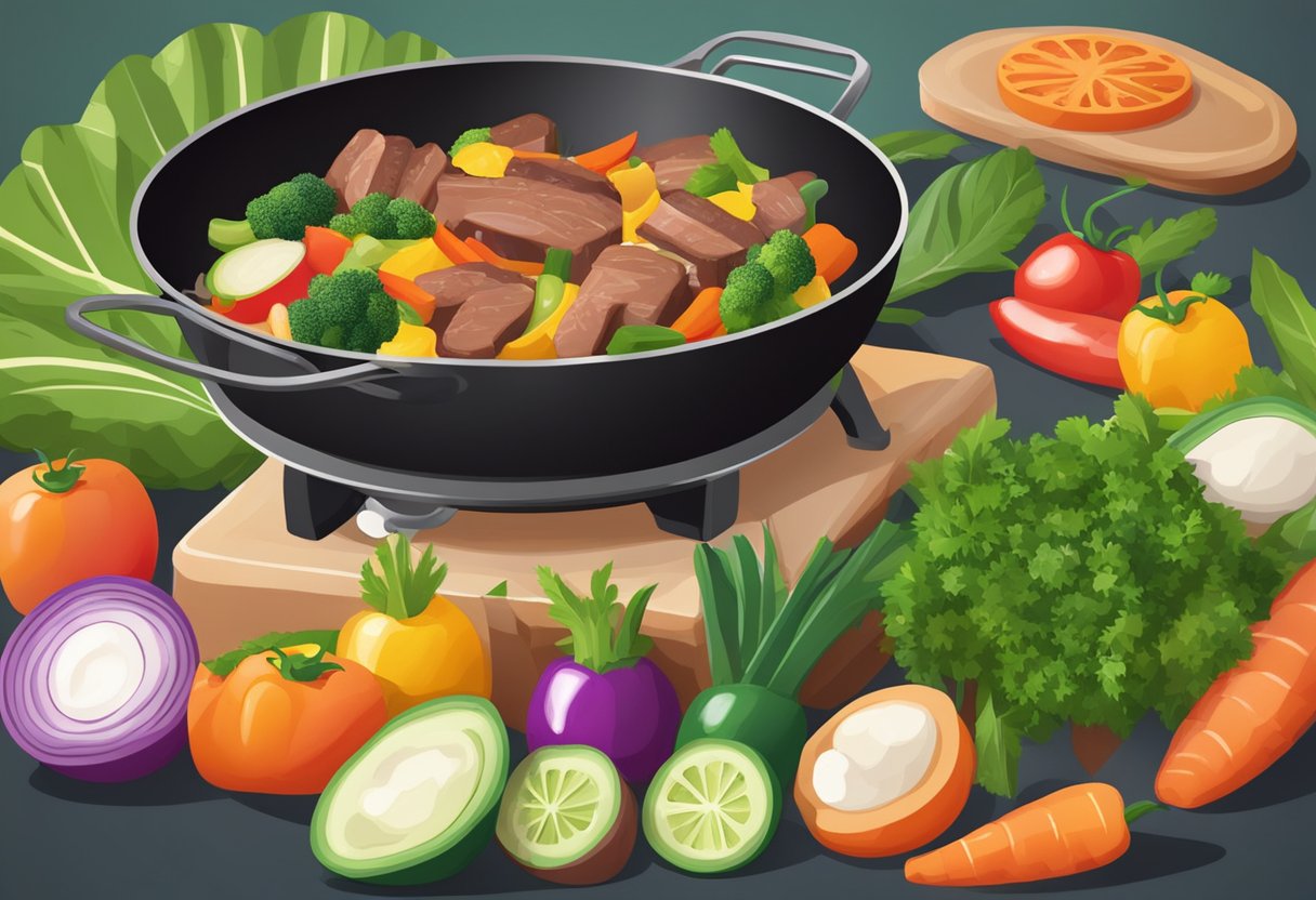 A sizzling skillet with vegetables and meat cooking in coconut oil at a keto food festival