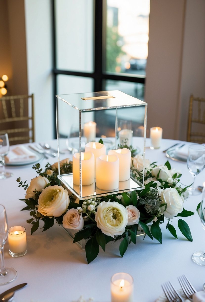 A sleek acrylic card box sits atop a white linen-covered table, surrounded by elegant floral arrangements and softly glowing tea light candles