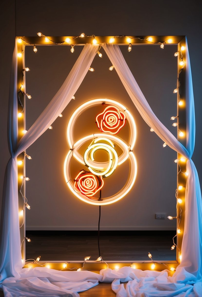 A glowing neon sign of intertwined rings and roses, framed by twinkling fairy lights and draped in flowing white fabric