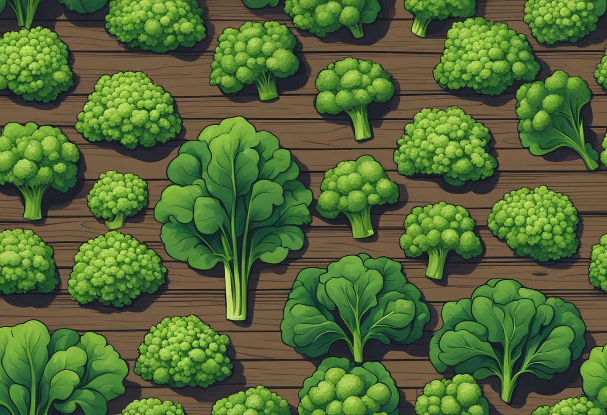 A colorful array of spinach, kale, and broccoli arranged on a rustic wooden table