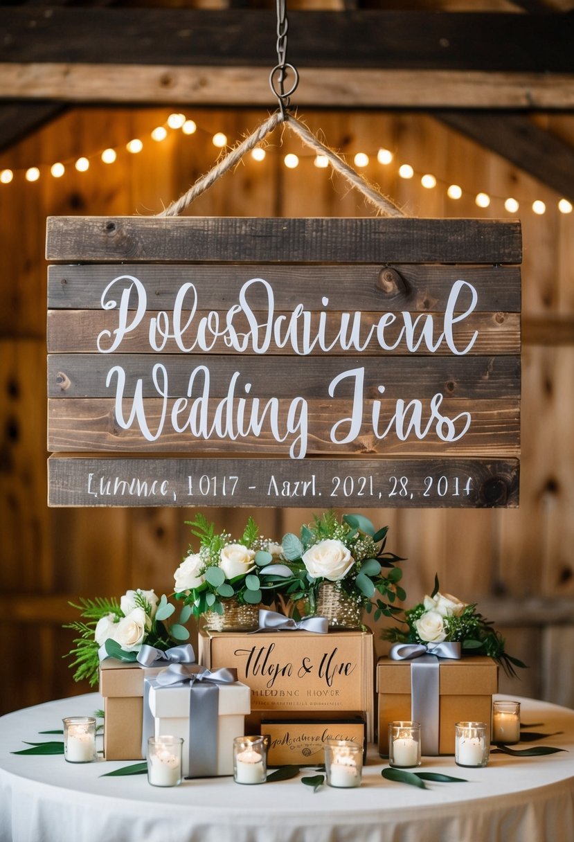 A rustic wooden sign hangs above a table adorned with personalized wedding gifts and decorations