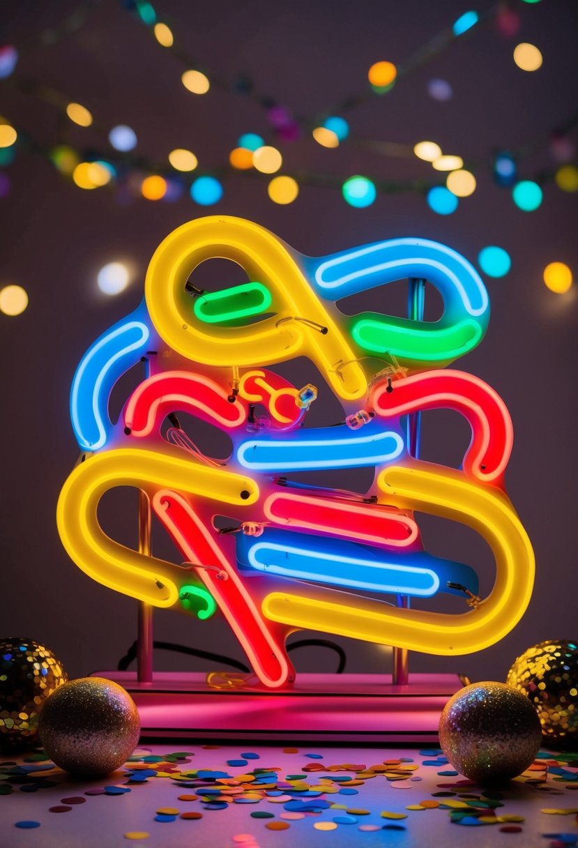 A whimsical wedding neon sign with colorful lights and playful twist elements, surrounded by festive decorations and confetti