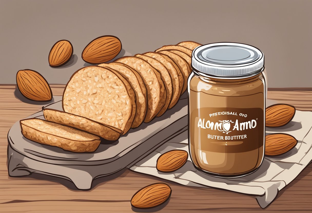 An almond butter-filled rice cake sits on a wooden table, surrounded by a handful of almonds and a jar of almond butter