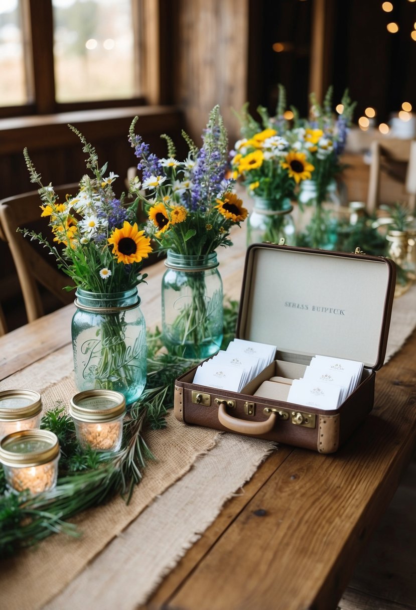 A wooden table adorned with burlap accents, mason jars filled with wildflowers, and a vintage suitcase for cards and gifts