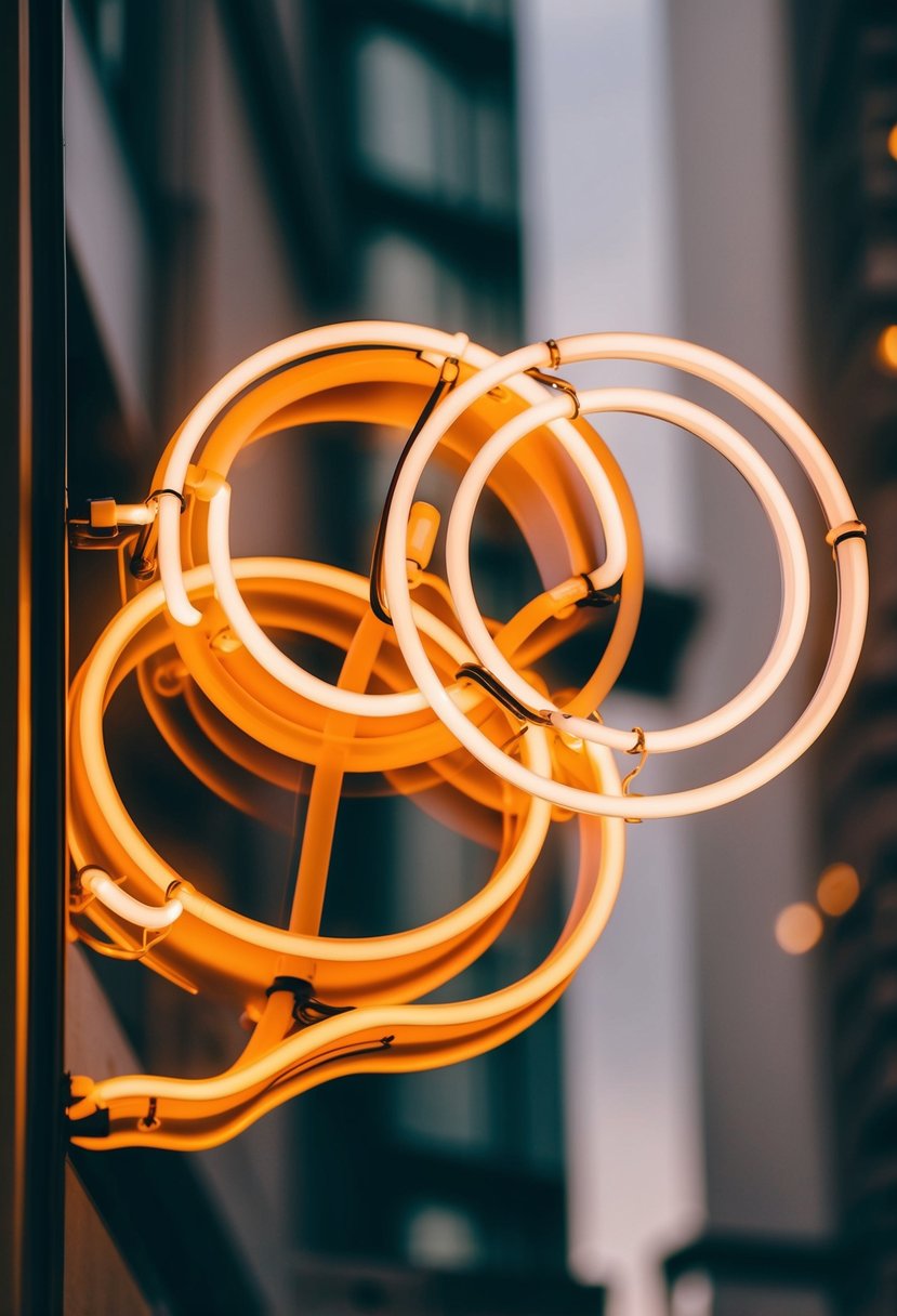 A neon sign featuring intertwined rings, entwined hearts, or linked hands, radiating a warm, inviting glow