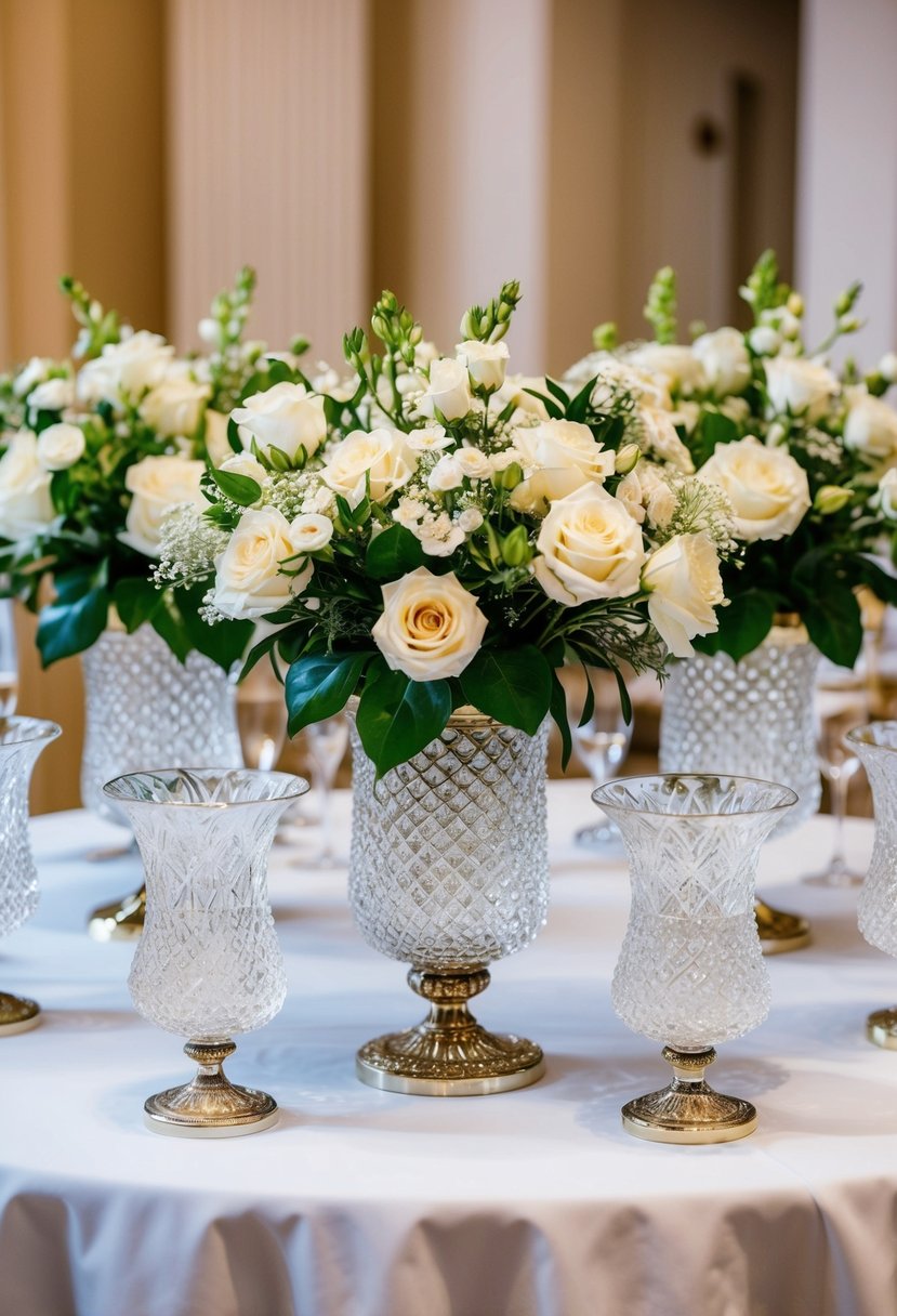 Several elegant crystal vases filled with flowers arranged on a beautifully decorated table for a wedding gift display