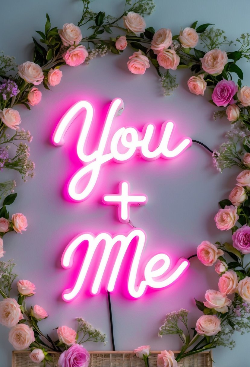 A glowing neon sign with "You + Me" in cursive script, surrounded by delicate floral accents