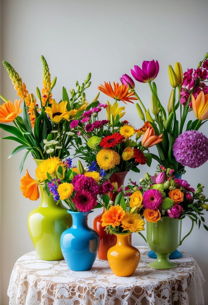 Vibrant floral bouquets in assorted vases atop a lace-covered table. Bright colors and various flower types create a festive and elegant display