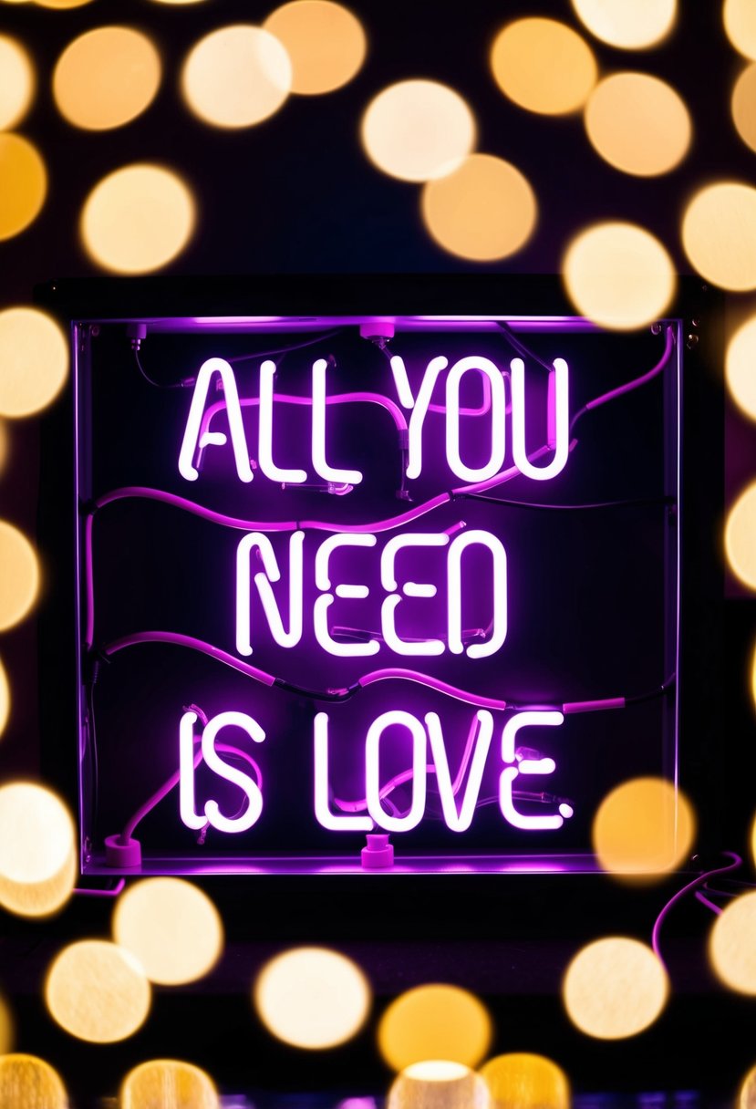 A glowing neon sign with the words "All You Need Is Love" against a dark background, surrounded by romantic, twinkling lights