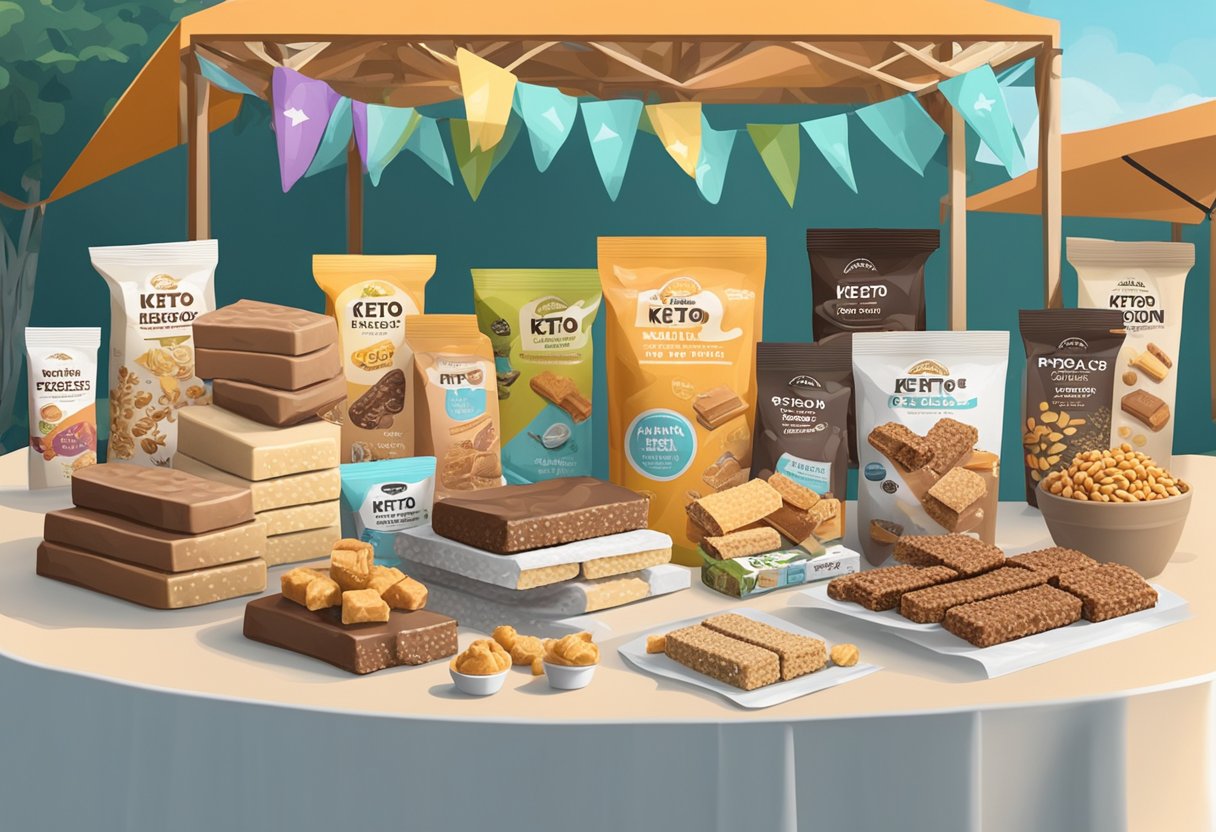 A variety of keto protein bars displayed on a table at a food festival, surrounded by other keto-friendly snacks and products