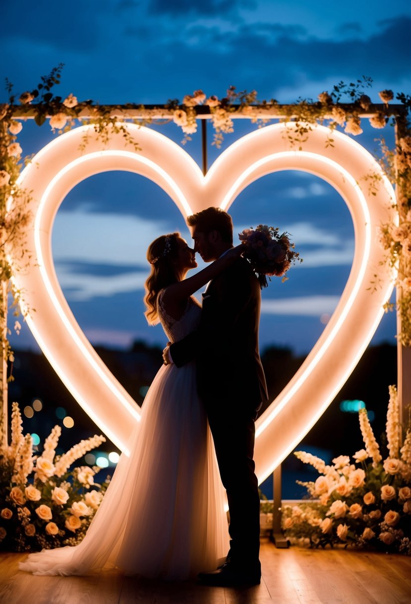 A couple's silhouette embracing under a glowing heart-shaped neon sign, surrounded by twinkling lights and delicate flowers