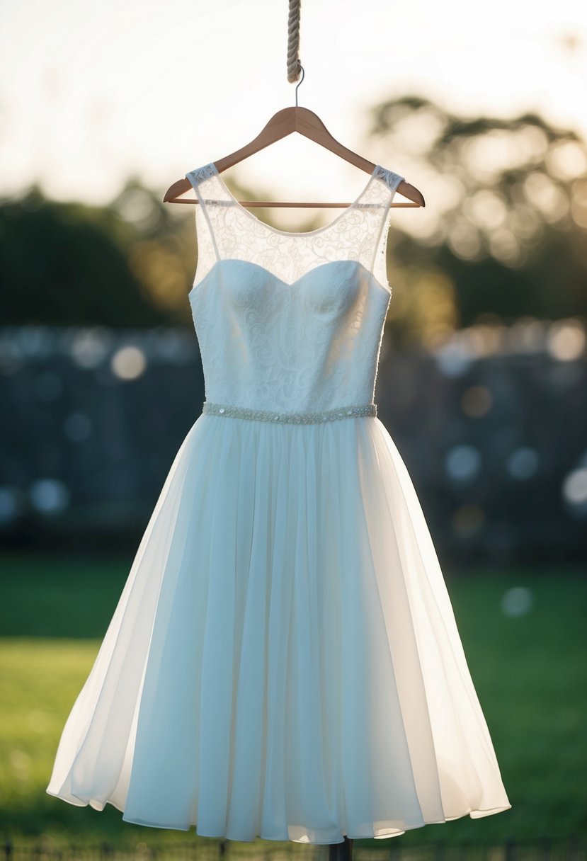 A simple white dress with delicate lace detailing, a flowing skirt, and a fitted bodice