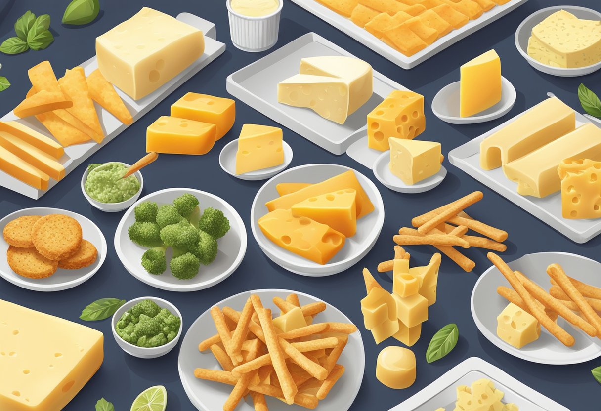 A table spread with a variety of keto-friendly cheese sticks, neatly arranged for easy snacking at a food festival