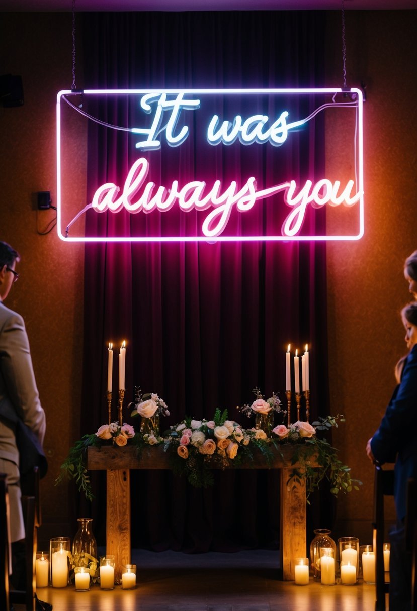 A dimly lit room with a glowing neon sign "It Was Always You" above a rustic wedding altar adorned with flowers and candles