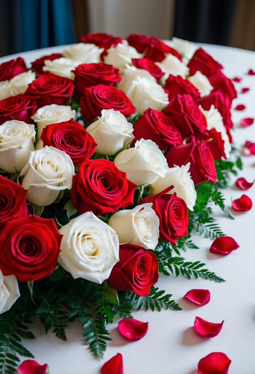 A bed of red and white roses arranged on a table, with scattered rose petals and greenery