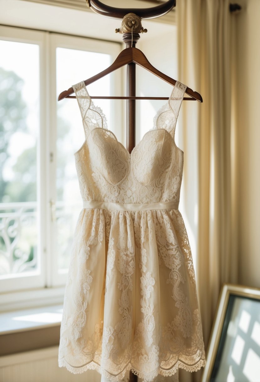 An elegant lace mini dress hangs on a vintage coat rack in a sunlit room