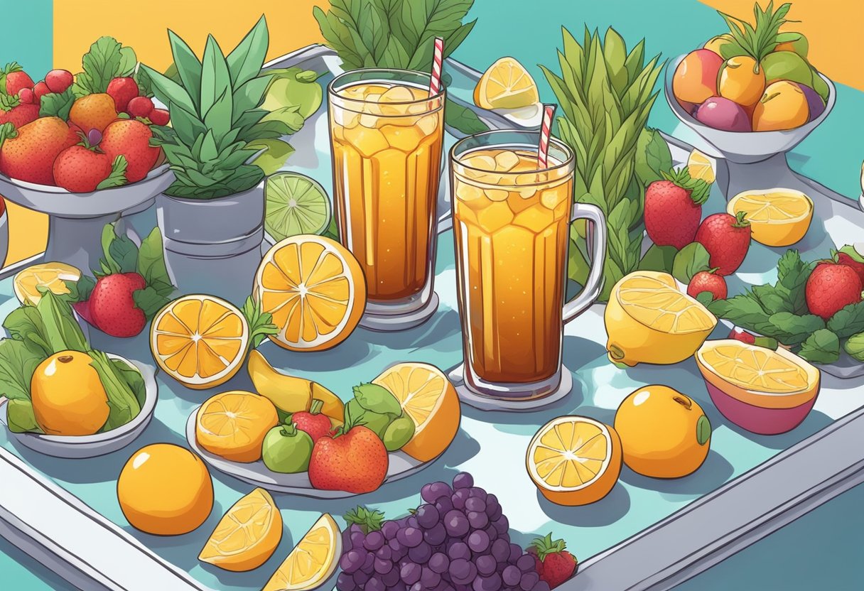 A refreshing glass of iced tea surrounded by colorful fruit and vegetable displays at a Keto food festival