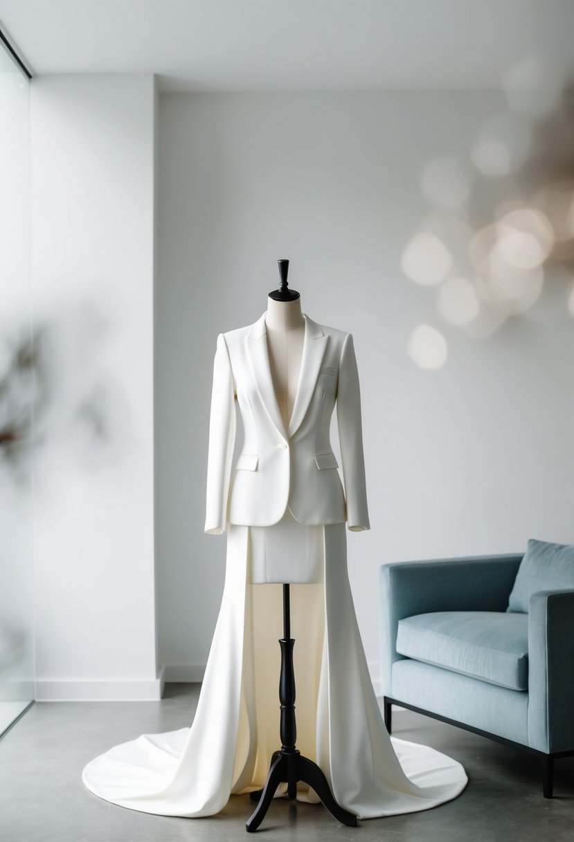 A chic bridal suit displayed on a mannequin in a minimalist, modern setting