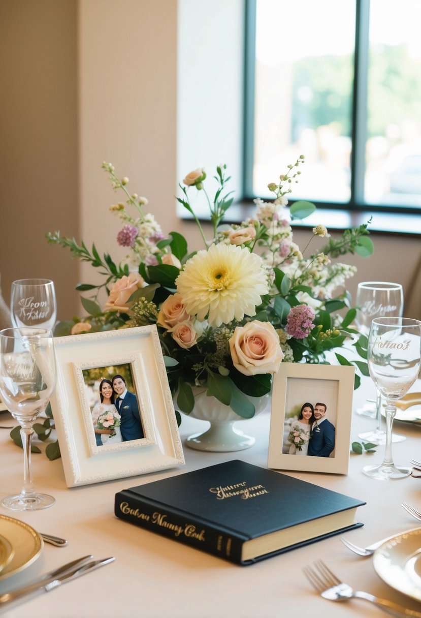 A beautifully decorated table with personalized photo frames, engraved glassware, and a custom-made memory book surrounded by delicate floral arrangements